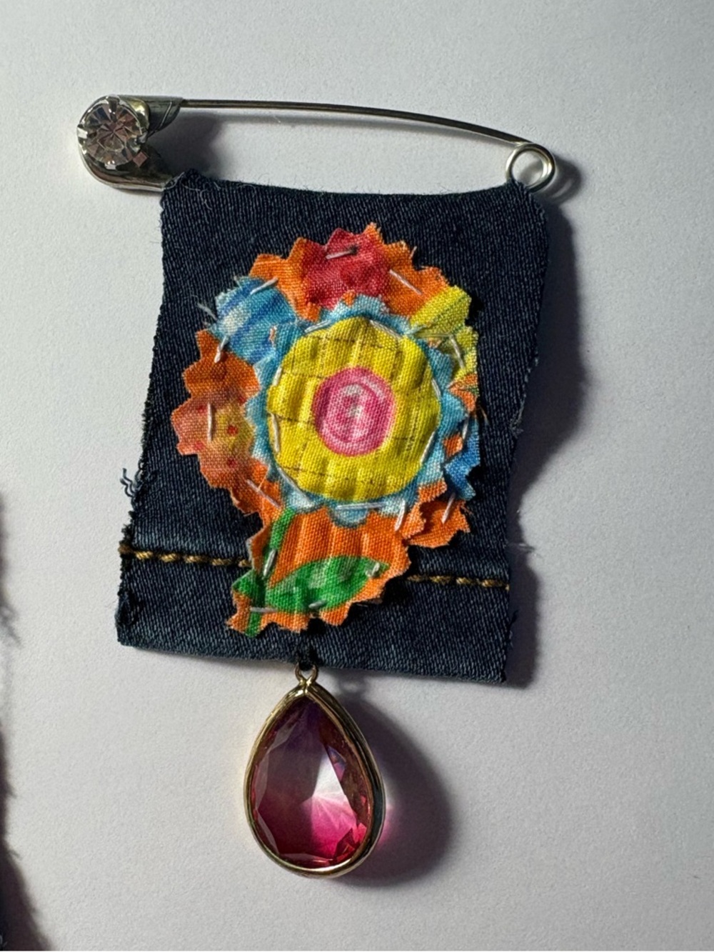 Handmade Upcycled Denim Flower Safety Pin Brooch with Pink Teardrop Gem